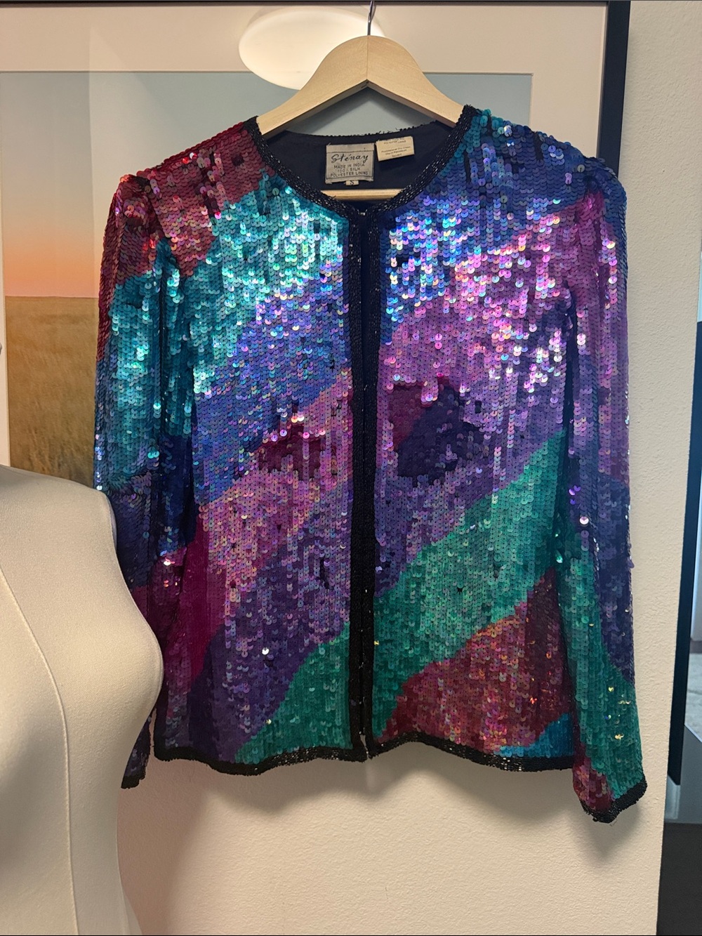 Vintage Sténay 100% Silk Sequin Jacket Beaded Multicolor Evening Blazer S